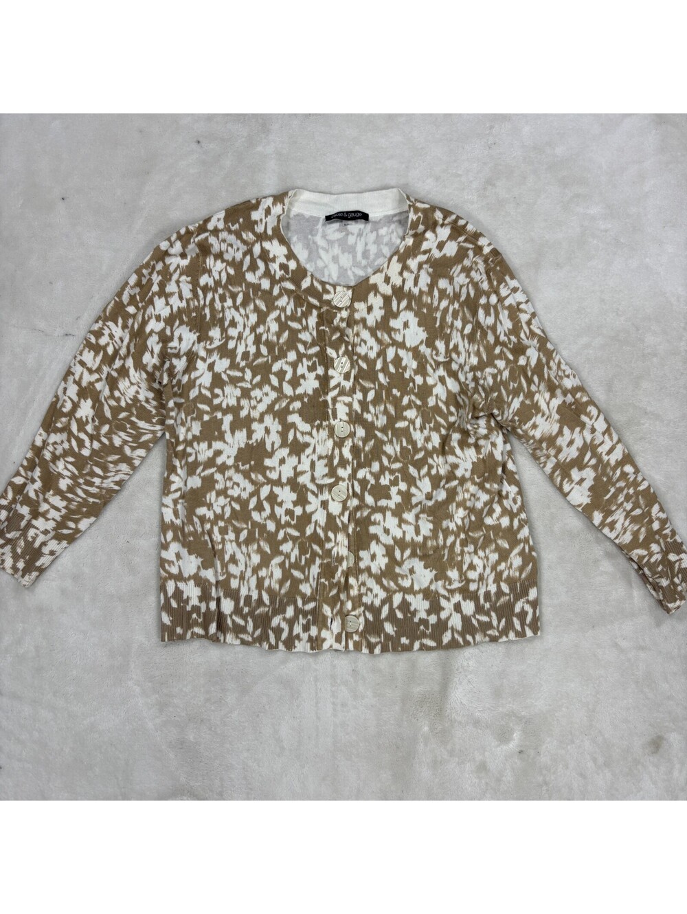 Cable & Gauge Womens XL Taupe Ivory Floral Button Front Knit Cardigan Sweater